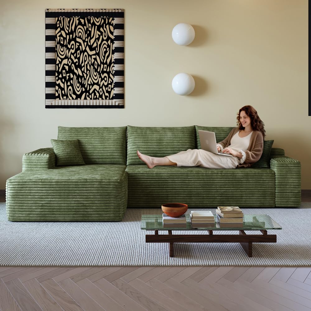 107" Cloud Sectional Sofa with 1 Ottoman,Modern Minimalist Upholstered Couches,Comfort U Shaped Sofa for Living Room,Deep Seat Corner Couch (Green)