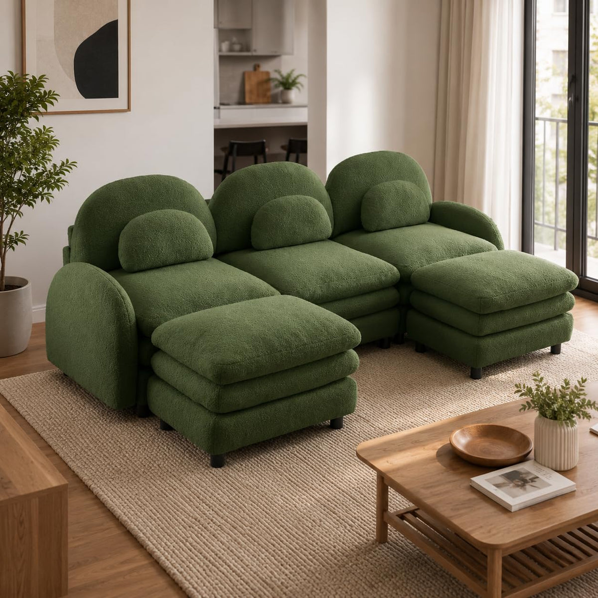 Teddy Fleece 3-Seat Modular Sofa with Curved Back and Double Cushions