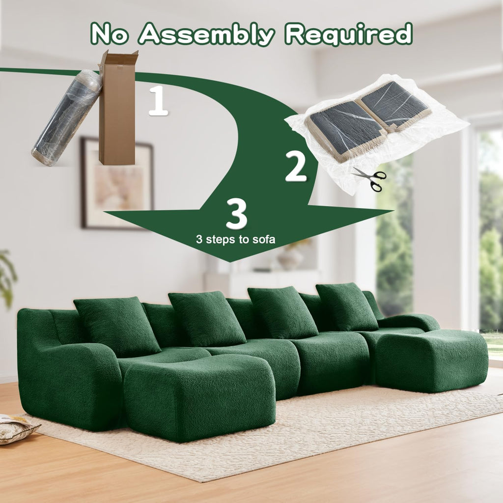 U-Shaped Boneless Sofa Teddy Green Modular Sectional Living Room Cozy