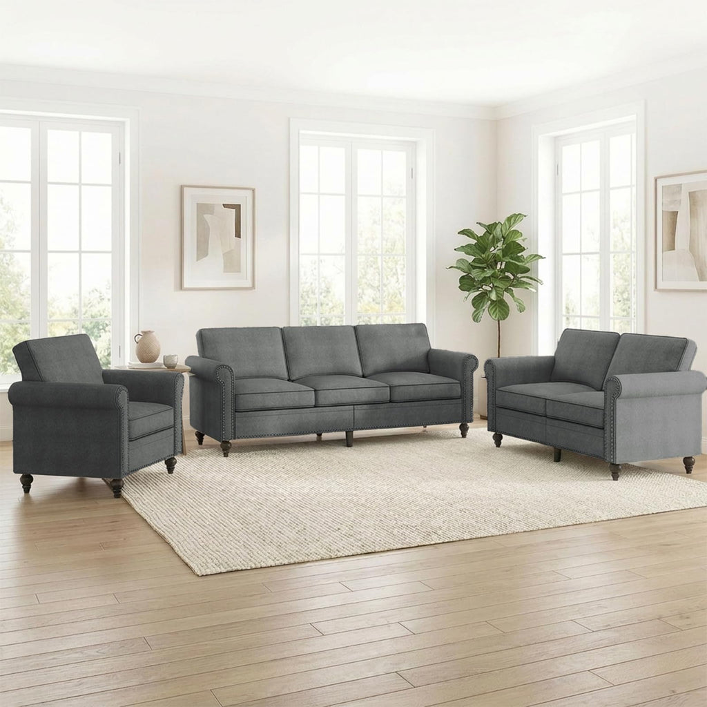 Living Room Sofa Sets 3 Piece, Modern 3 Seater Sofa and Loveseat Couch and Armchair Sets, Linen Fabric 3-Seat + 2-Seat Couch+ Single Accent Chair Furniture Sets
