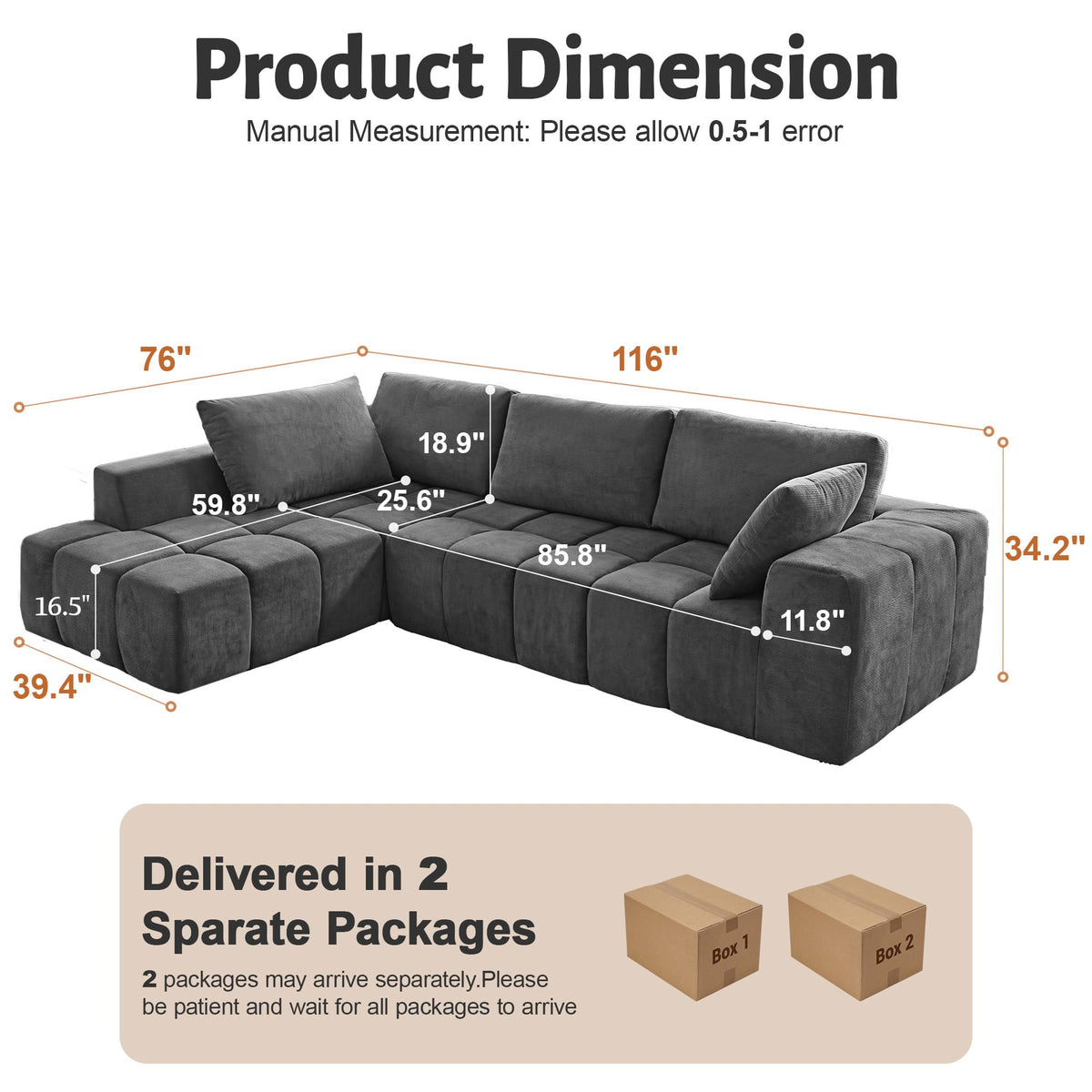 116" Modular Boneless Couch for Living Room, Modern Sectional Chenille Sofa with Oversized Deep Seat,Cloud Couch with L-Shape Chaise,No Assembly Required,Gray