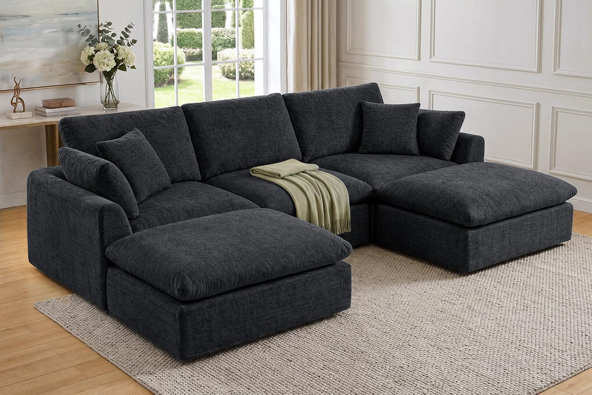 127" Cloud Sofa, U-Shape 3-Seater Modular Couch with 2 Ottomans, Black