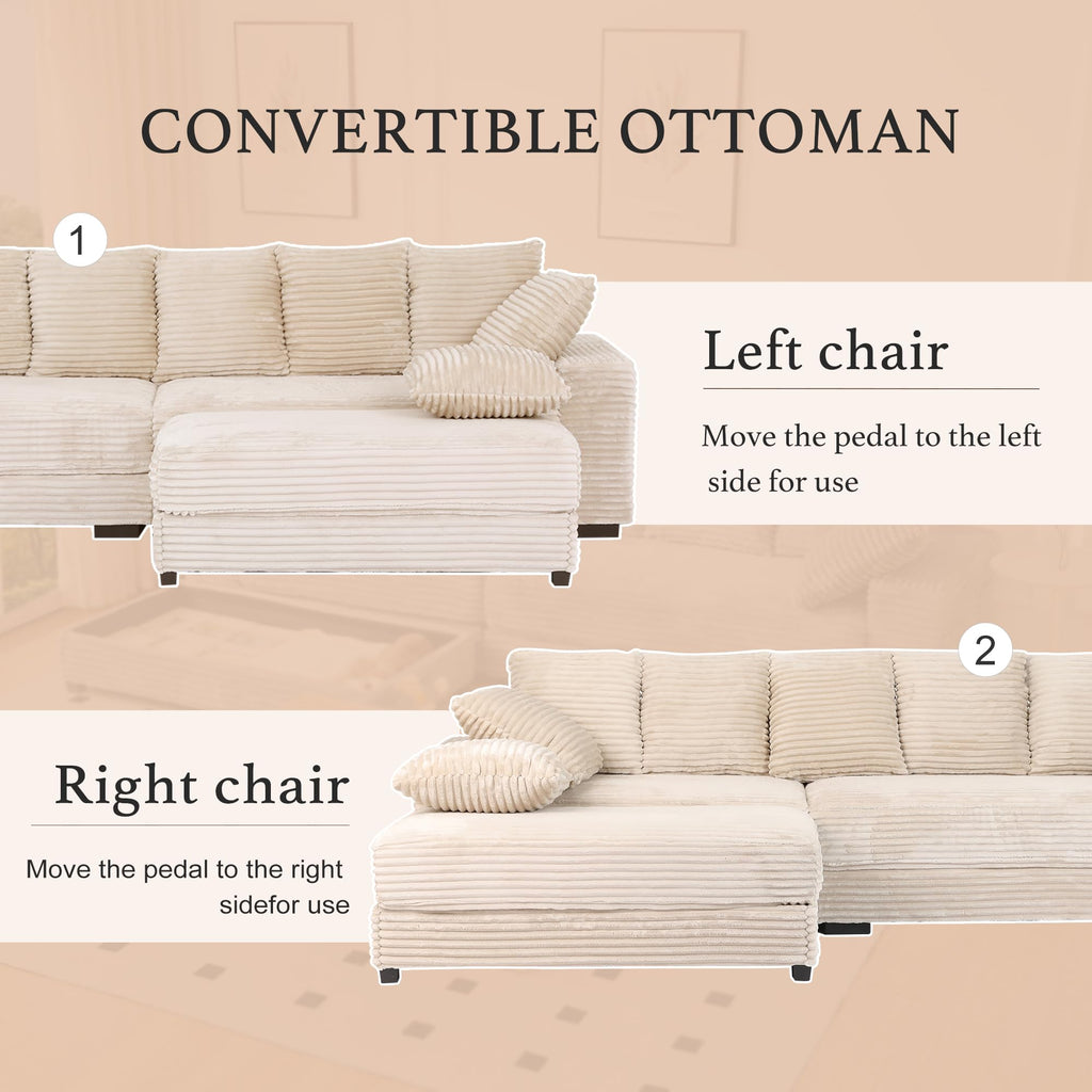108.6" Sectional Sofa, Thickened Corduroy Sectional Couches for Living Room,Comfortable L Shaped Chaise Sectional Sofa with Storage Ottoman,Eight Throw Pillows,Beige HN428