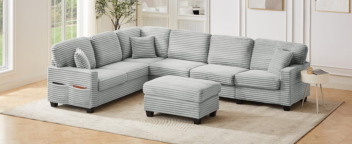 Tidyard Sectional Sofa U-Shaped 125.? L-Shaped Couch with Movable Ottoman & Side Storage Pockets, Grey Corduroy Upholstered Living Room Sofa