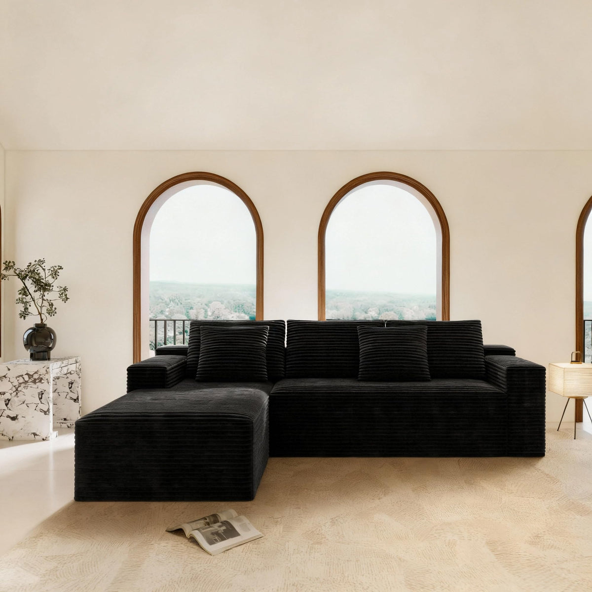 104.3" Cloud Sectional Couch with L Shape Chaise,Modular Sofa with Deep Seat, Upholstered Couches for Living Room Bedroom,No Assembly Required, Black(Plush Corduroy Fabric)