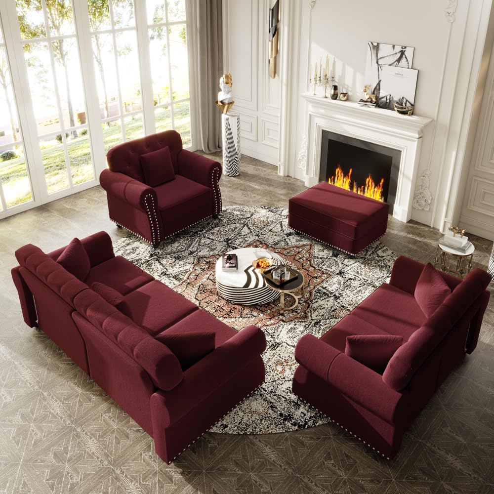 ZOEDO Upholstered Velvet Sofa with Nailhead Trim and Rolled Armrests,Mid-Century Modern Chesterfield Sofa with Button Tufted,Includes 1 Ottoman,Burgundy