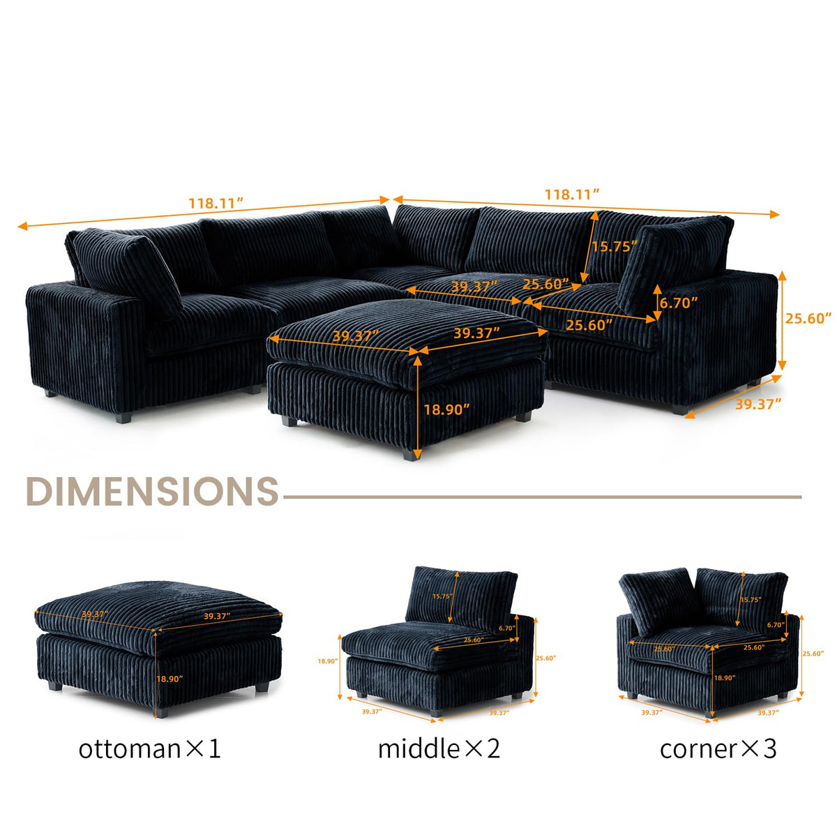 WJShome Cloud Couch Modular Sectional Sofa,118" Oversized V Shaped Sofa with Storage Ottoman for Living Room,Plush 6 Seater Convertible Sectional Couch,Covers Washable&Replaceable,Black