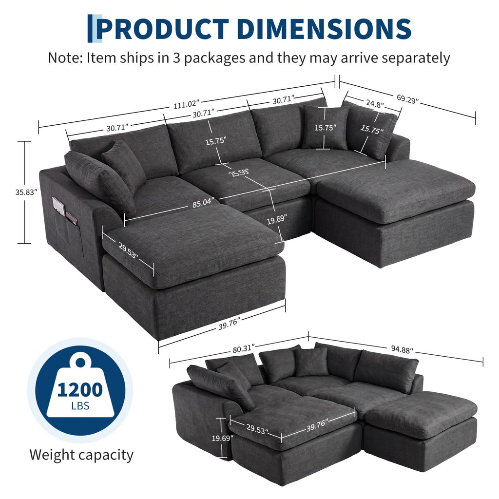 111" Boneless Sectional Couches for Living Room, 5 Seater Deep Seated U Shaped Cloud Couch with Ottomans, Chenille Compressed Modular Cloud Sofa Couch in a Box, No Assembly Required, Grey