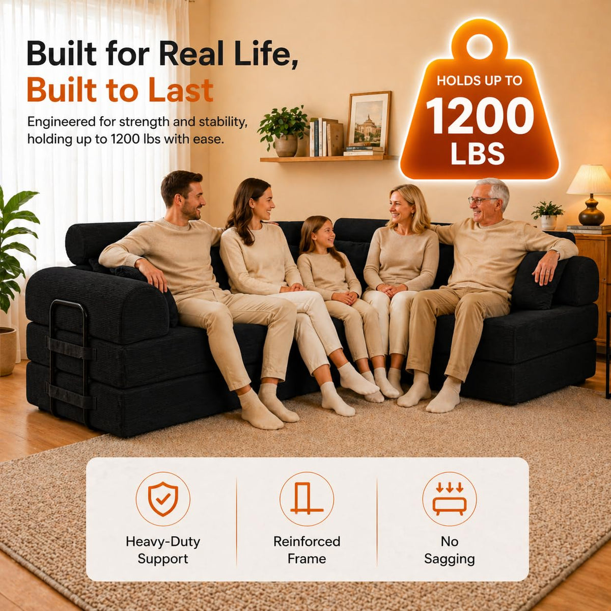 106" Convertible Sleeper Sectional Sofa Bed, 4-in-1 Corduroy Boneless Couch with Fixed-Shape Frame, Modular L-Shaped Sofa with Pillows, Fold Out Floor Sofa for Living Room Apartment (Black)