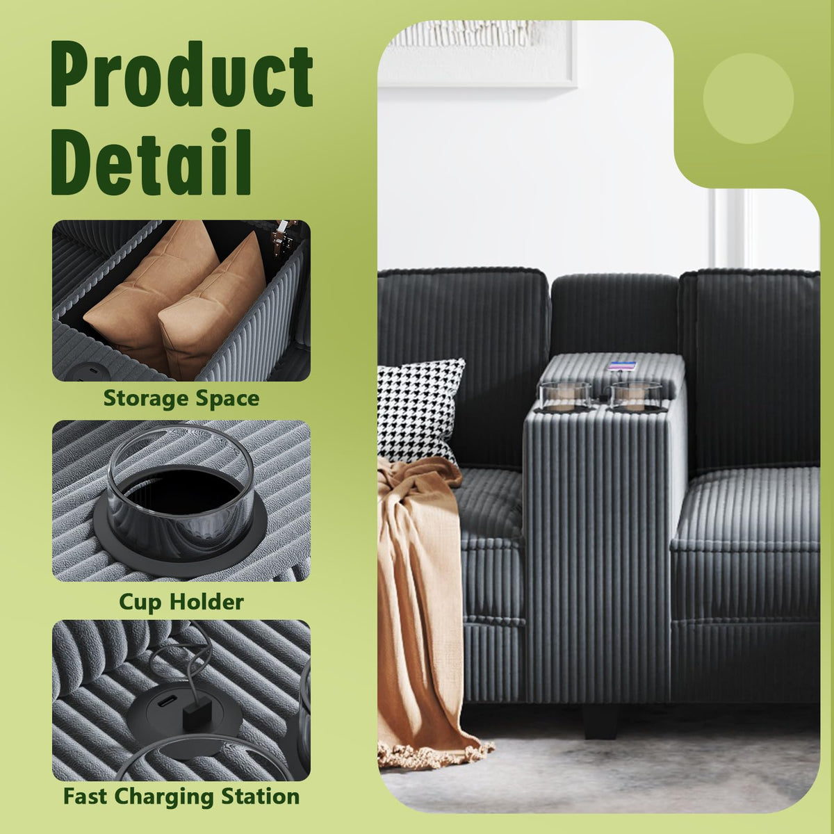133.4'' X 94.4'' L-Shaped 6-Seater Corduroy Sofa, Large Storage Armrests with Center Console, USB Charging Left and Right Seats Can Be Switched