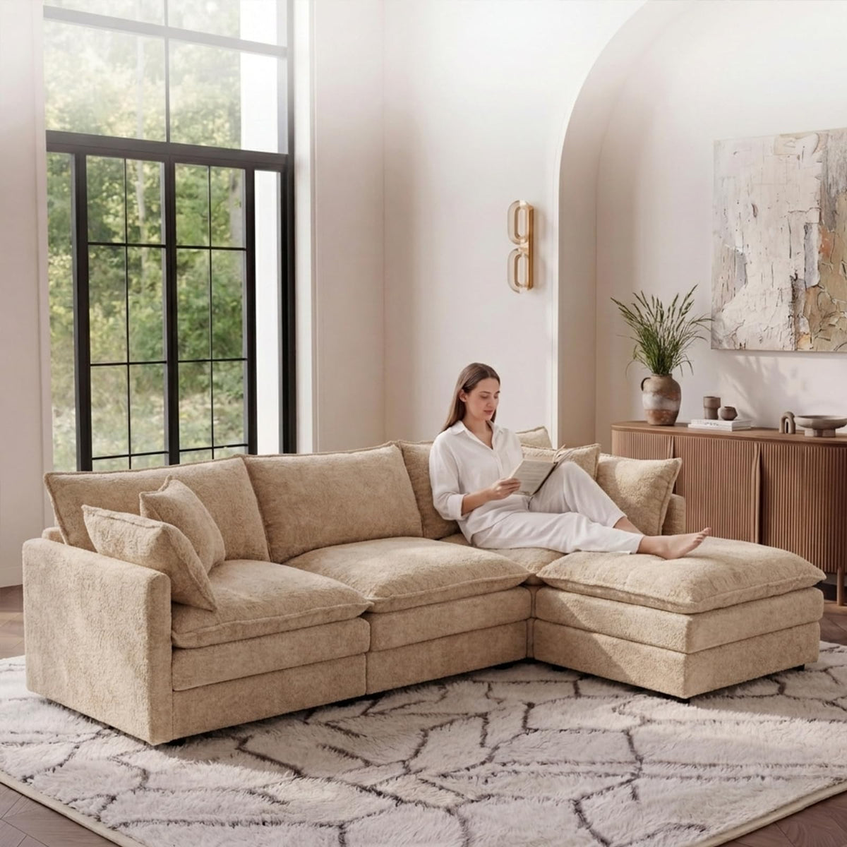 108" Cloud Sectional Sofa, L-Shape Modular Couch with Chaise & Ottoman, Corduroy Fabric, Oversized Deep Seat Sofa, Interchangeable Sections for Living Room or Offices
