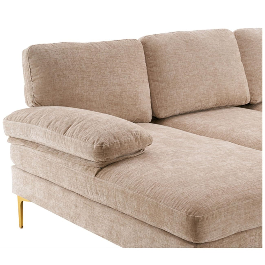 U-Shaped 4-Seat Reversible Sectional Sofa with Oversized Chaise, High-End Chenille Fabric & Gold-Plated Legs, 280x130x85cm Small Space Couch (Camel)