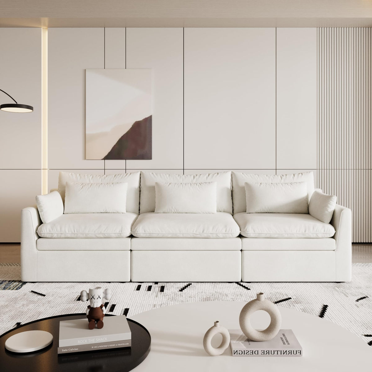 120" Cloud Couch Modular Sectional Sofa for Living Room, 3-Seater with Ottoman, Modern Sofa with Small Pillows Deep Seat L Shapedd Couch Covers Removeble Comfy Linen Khaki