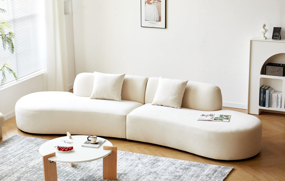 132" Curved Sofa with Throw Pillows, 6 Seater Luxury Velvet Couch with Half Moon Design and High-Density Foam, Ideal for Modern Living Room, Office & Apartment(Ivory)