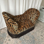 Tiger Print Loveseat Sofa, Upholstered Fabric Lounge Couch with High Curved Arms and Fringe Base for Living Room, Bedroom, Boutique Hotel and Reading Lounge