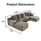 115" Modular Sectional Sofa, Corduroy U-Shaped Cloud Couch with Chaise ‌and Ottoman‌, No Assembly Boneless Couches for Living Room, Brown