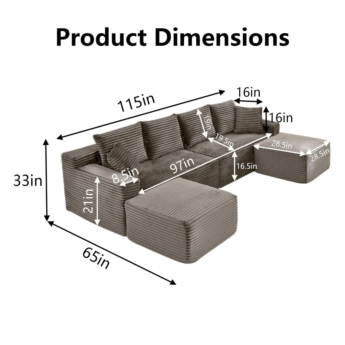 115" Modular Sectional Sofa, Corduroy U-Shaped Cloud Couch with Chaise ‌and Ottoman‌, No Assembly Boneless Couches for Living Room, Brown