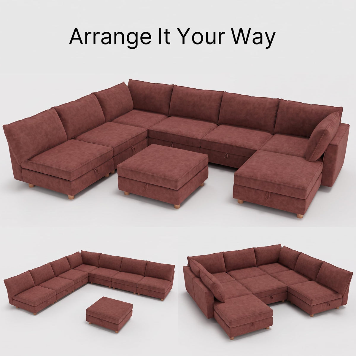 128'' Modular Sectional Sofa with Storage & Washable Covers, Convertible U/L Shaped Couch with Ottoman, 8-Seat Chenille Sectional Sleeper Sofa, Modular Sectional Sofas for Living Room,Orange