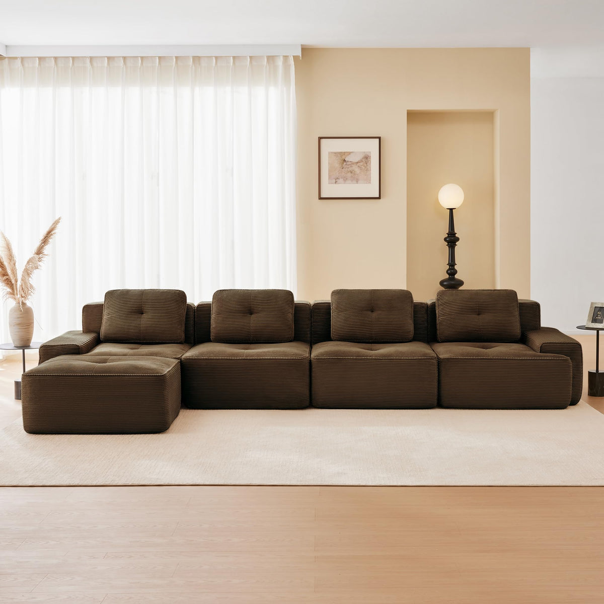 115.3” Camel Boneless Couches for Living Room, Modular Sectional Sofa with L-Shape Chaise, 3 Seater Comfy Upholstered Deep Seat Corduroy Fabric Cloud Couch No Assembly, Anti-Slip Design