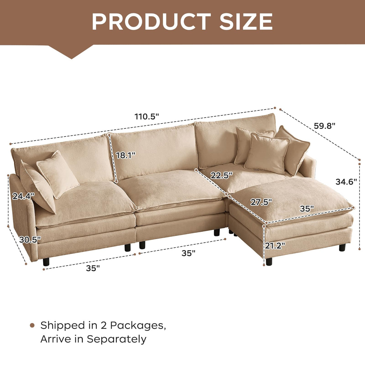 110"L Shaped Modular Sectional Sofa Coffee Cloud Couch with Movable Ottoman