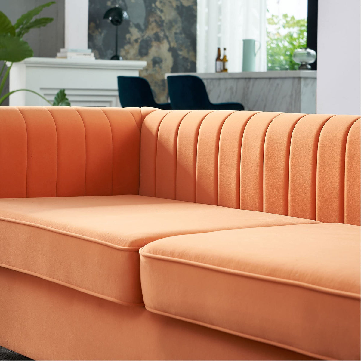 Velvet Couch, 84" Wide Mid-Century Modern Sofa Tufted Upholstered Loveseats Sofa with Golden Leg, 3 Seat Sofa Big Comfy Couch Sofas for Living Room Bedroom, Office (Orange)