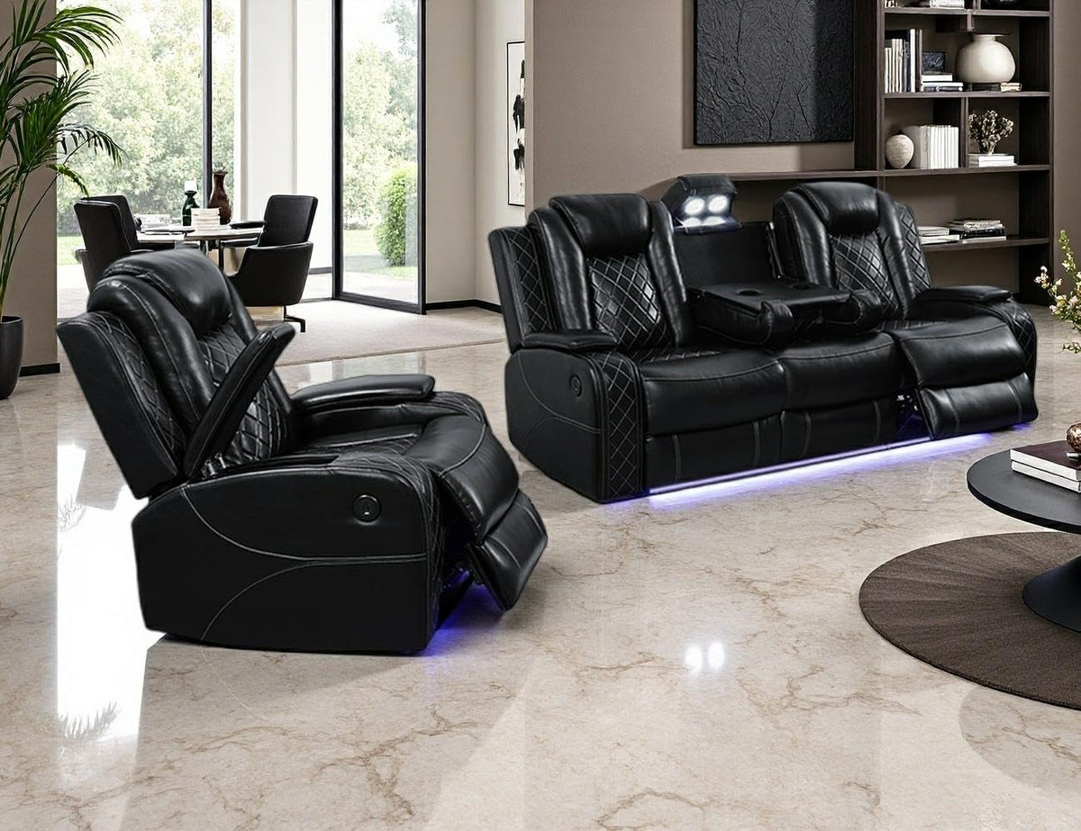Power Recliner Sofa Set with LED Light, Black Leather Sectional Sofa and Chair Set, Living Room Furniture Sets, Modern Power Reclining Sets with Storage Console for House