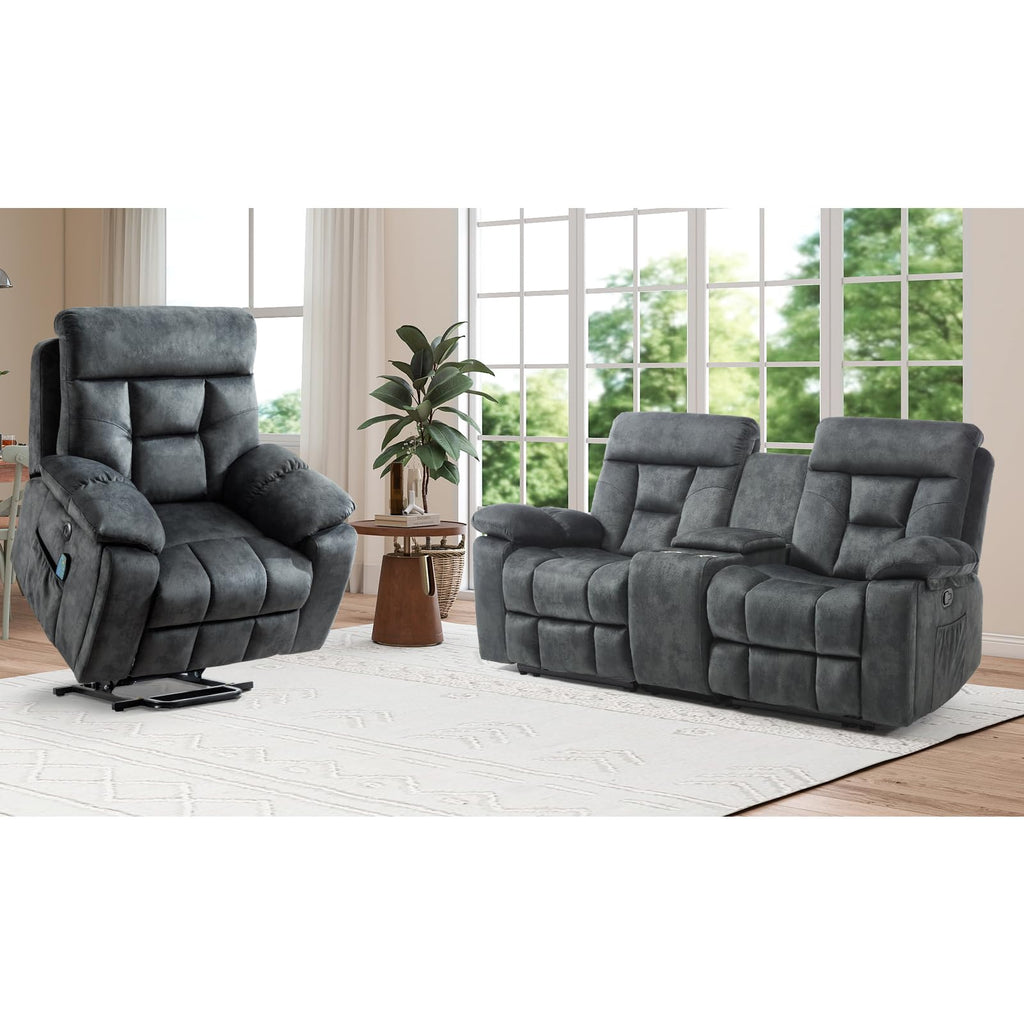 EBELLO 2 Piece Reclining Living Room Set, Soft Fabric Recliner Sofa Furniture Set, Included Power Lift Recliner Chair with Massage and Heat and 3 Seat Sofa, Dark Greenish-Grey