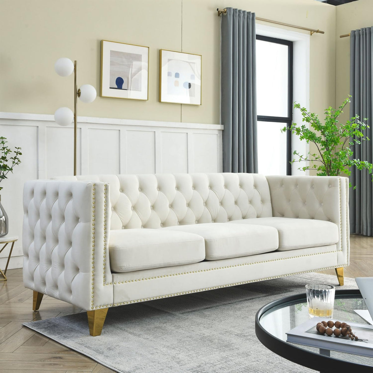 Velvet Sofa for Living Room Beige Three-Section Comfort Cozy Modern Chesterfield Design Bedroom & Office Use