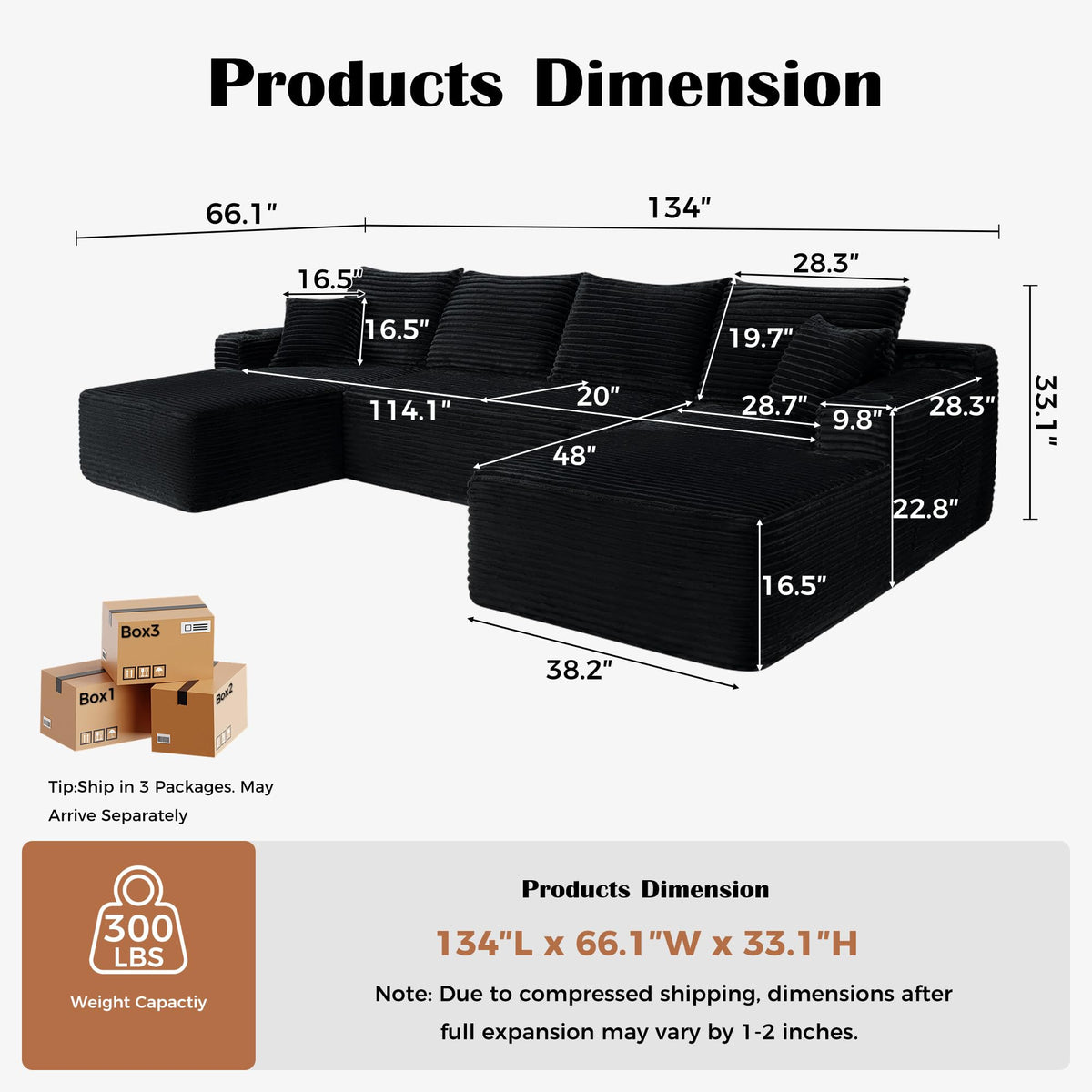 134 inch Modular Sectional Sofa for Living Room, Oversized U-Shaped Cloud Couch with Deep Seat, 5-Seat Boneless Couch with 2 Storage Pockets & 2 Cup Holders, No Assembly Required (Black)