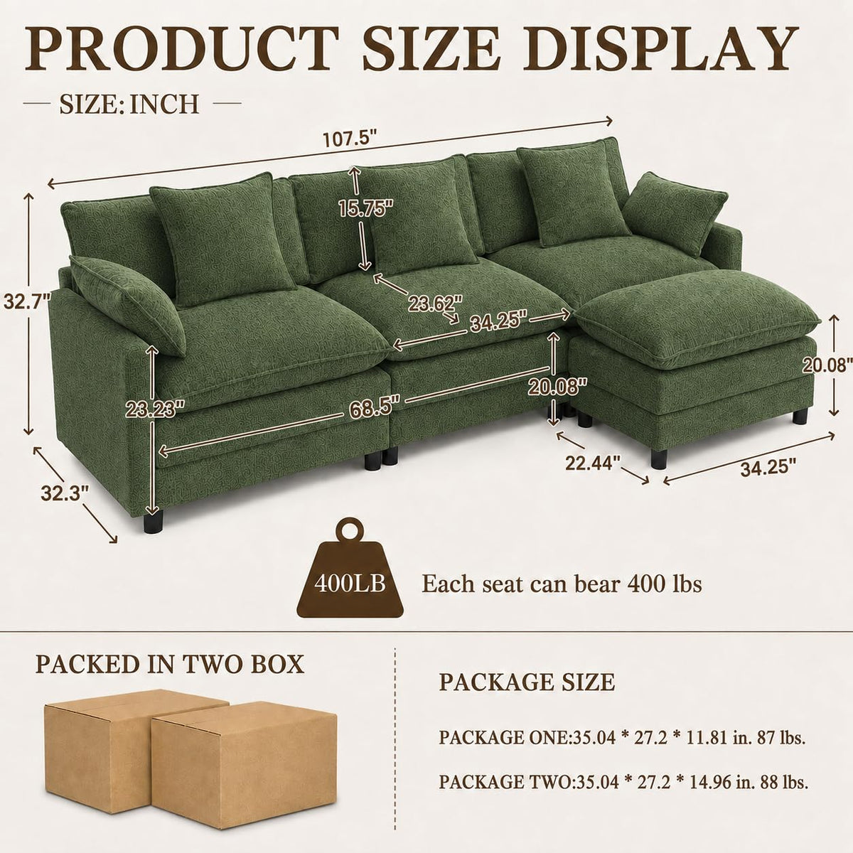 108" Modular Sectional Sofa with Ottoman, Chenille, Green