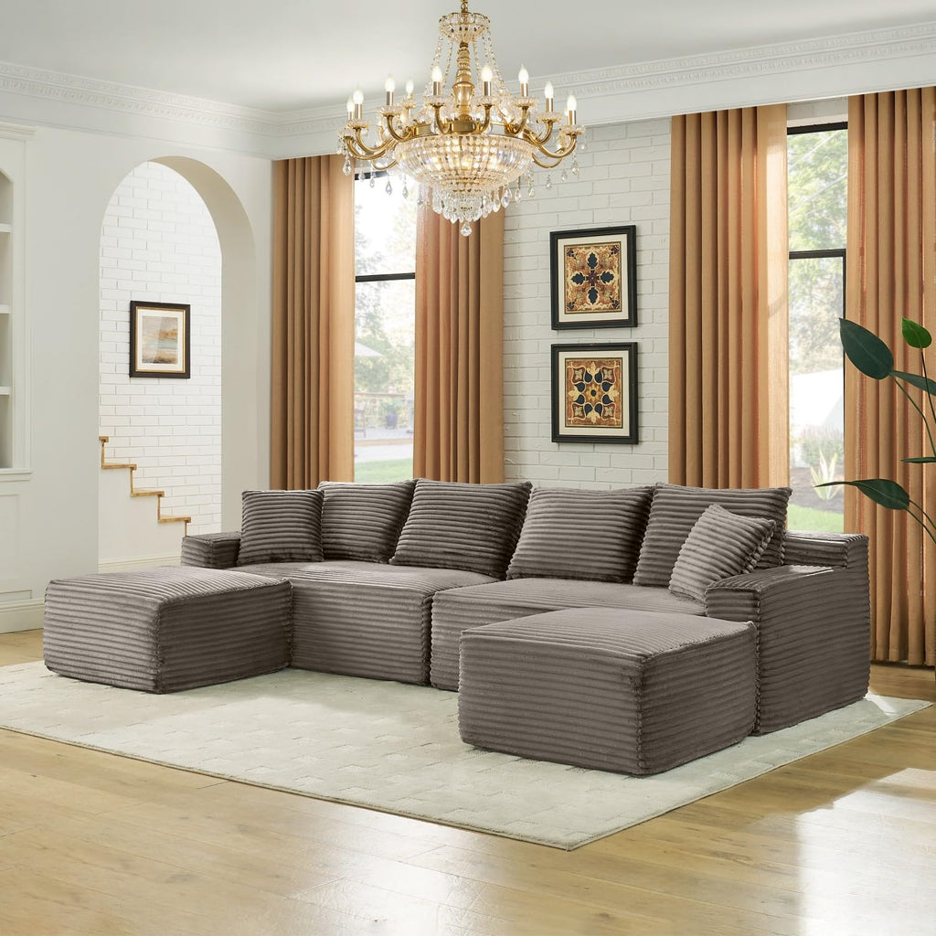 115" Modular Sectional Sofa, Corduroy U-Shaped Cloud Couch with Chaise ‌and Ottoman‌, No Assembly Boneless Couches for Living Room, Brown