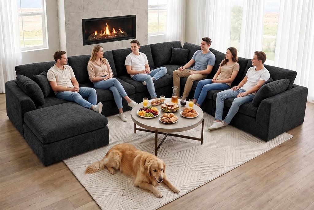 127" Cloud Sofa, U-Shape 3-Seater Modular Couch with 2 Ottomans, Black