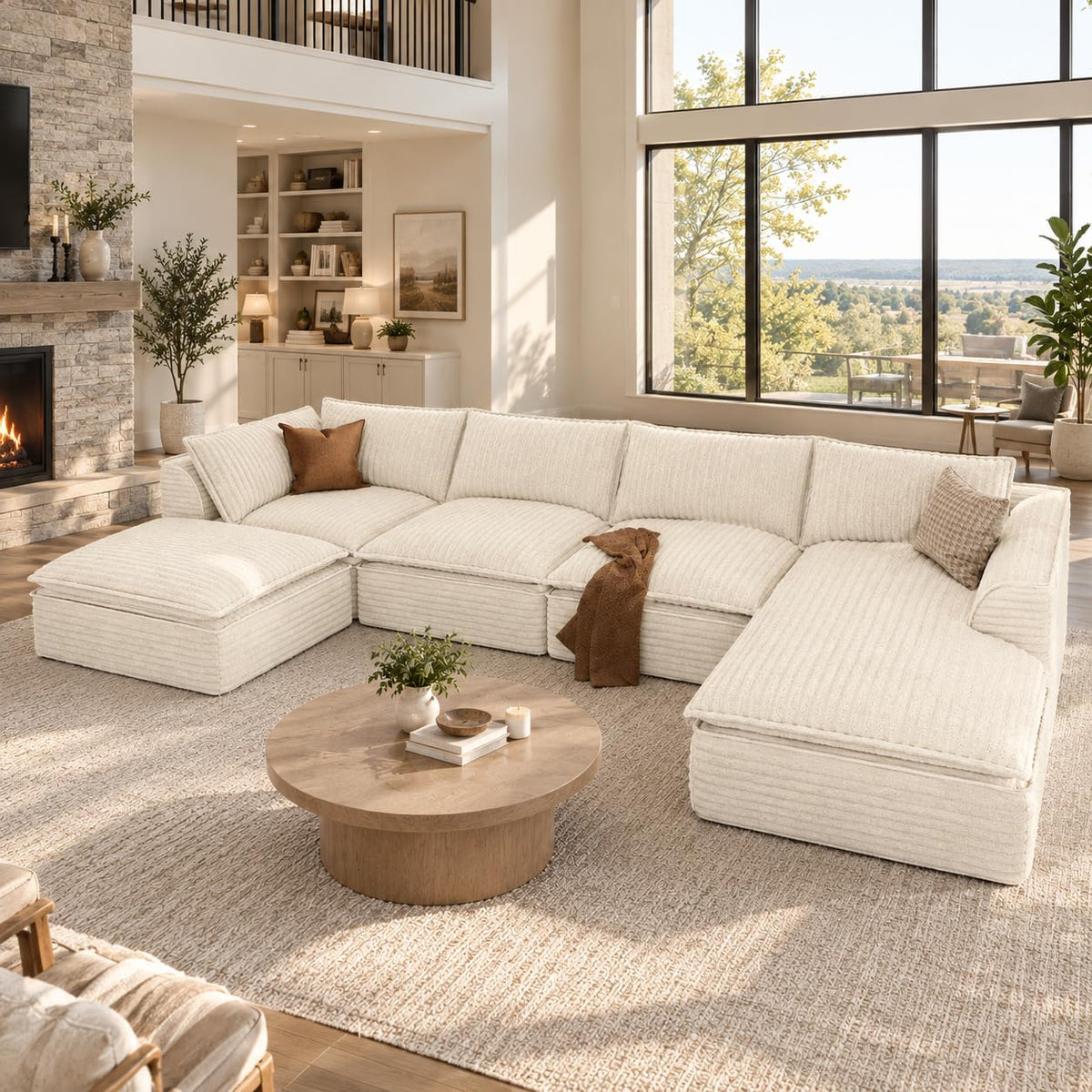 Vesgantti 141.7" Boneless Sectional Sofa with Chaise, 7 Seater Couch, Beige