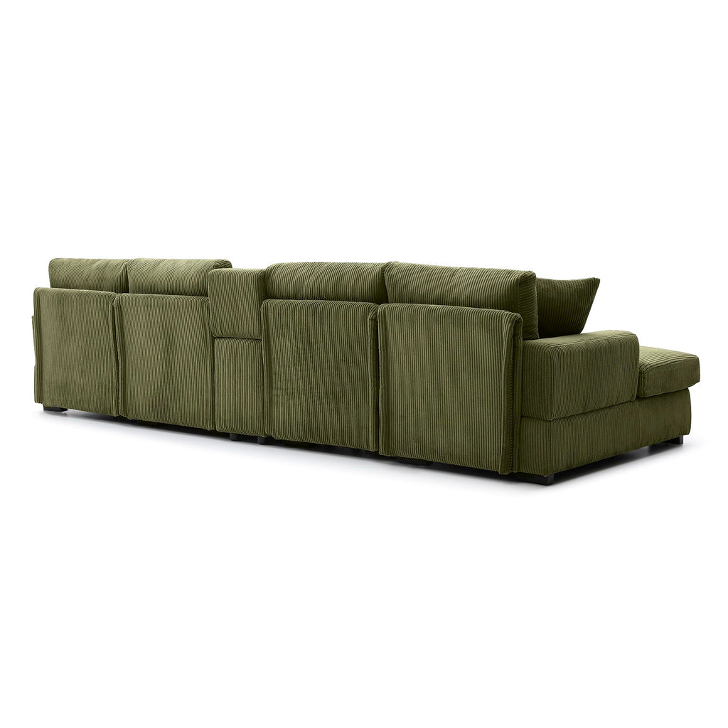 126" Oversized U Shaped Couch,Cloud Couch with Console,USB,Cup Holders & Storage,Corduroy Couch,which can be Used as a Recliner Couch for Living Room or Apartment.(Green)