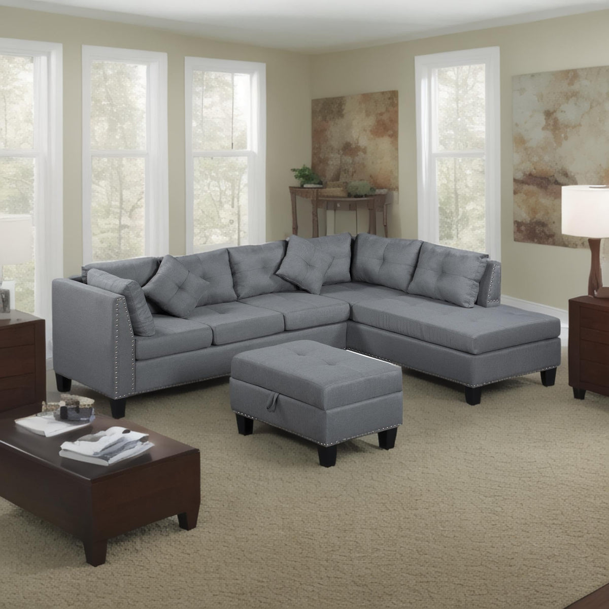 104.5" Upholstered Sofa,Chaise Ottoman, Gray