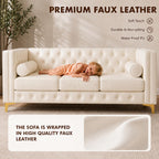 78.5" Cream White Faux Leather Sofa Couch for Living Room, Luxury Button T