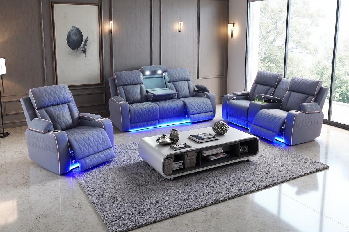 A Ainehome Power Leather Recliner Sofa Set with LED Lights, Recliner Sofa Sectional Couches for Living Room, Reclining Sofa, loveseat, Chair with USB Port/Storage Console/Cup Holder(black,3-piece set)