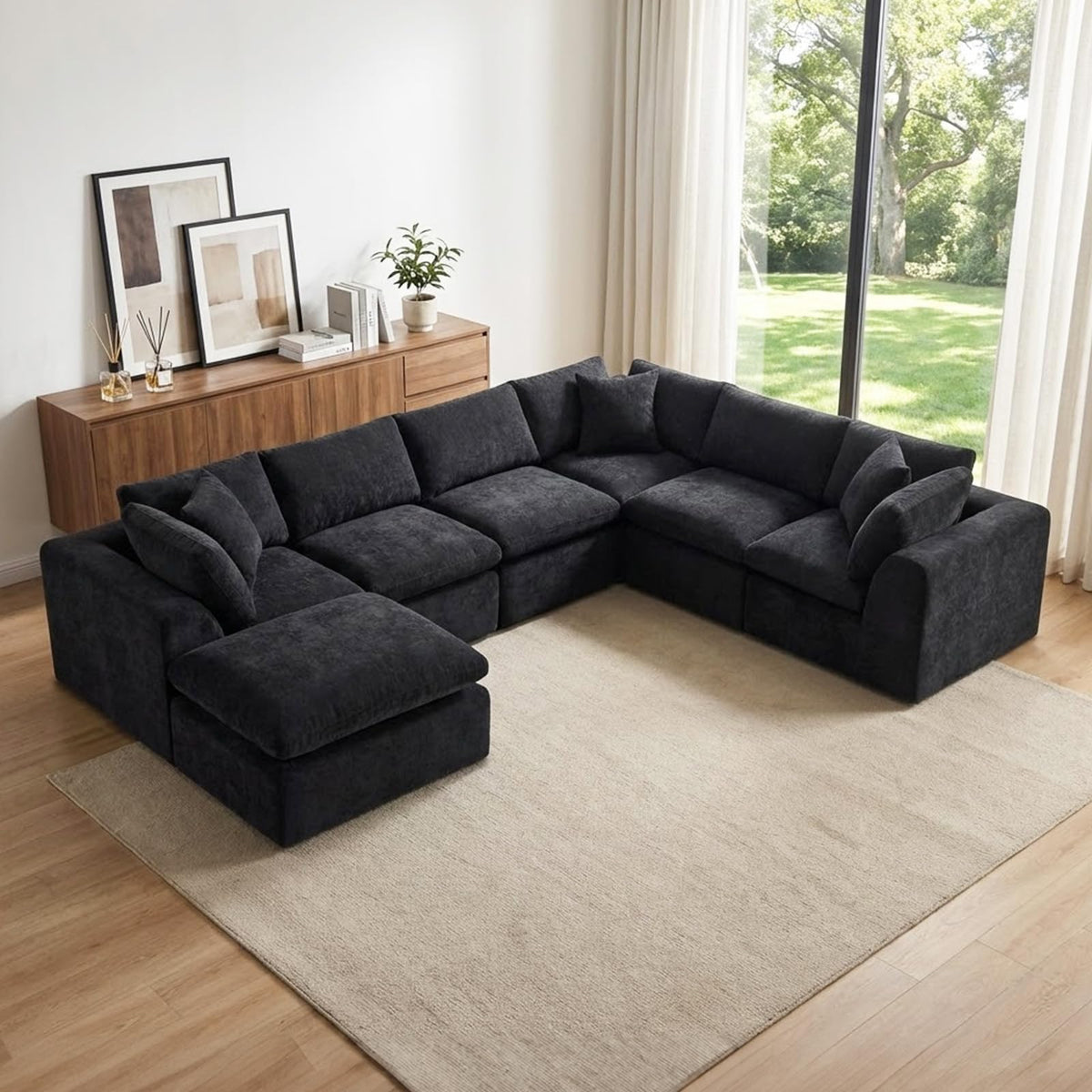110" Beige Boneless Sectional Couch with Ottoman