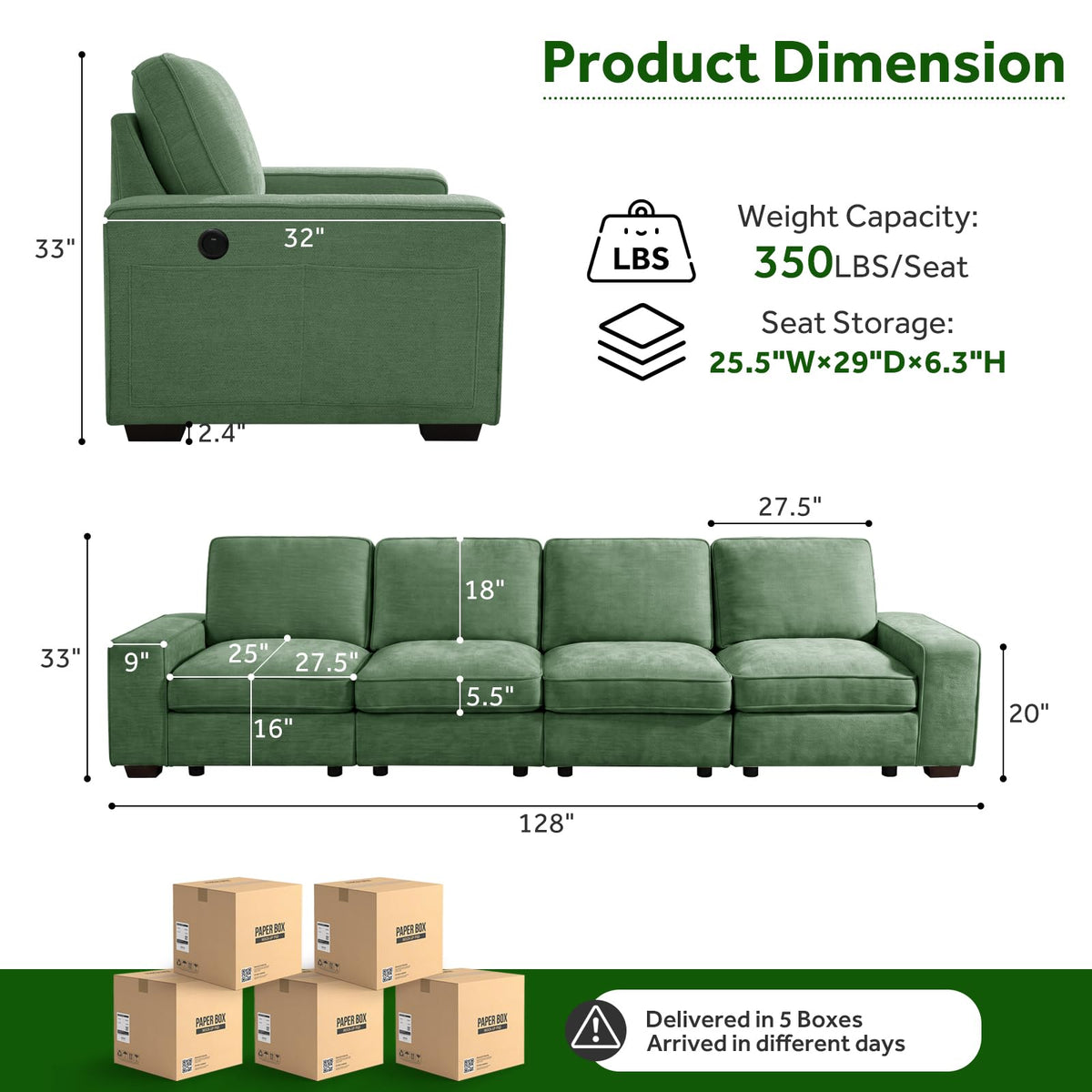 128" Modular Long Sofa with Full Seats Storage, 4-Seater Chenille Sofa Couch for Living Room, USB Charging, Solid Wood Frame, Wide Armrest, Side Pocket, Deep Seat, Comfy Spring Cushion (Green)