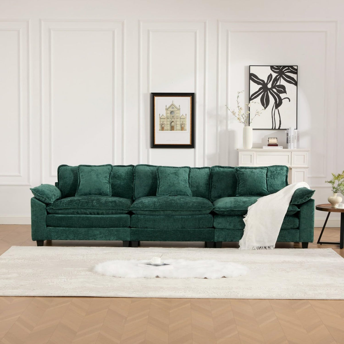Wider Armrest 3 Seats Modern Sectional Couch Chenille Green Cloud Comfort Living Room Bedroom Apartment Comfortable Modular Sofa