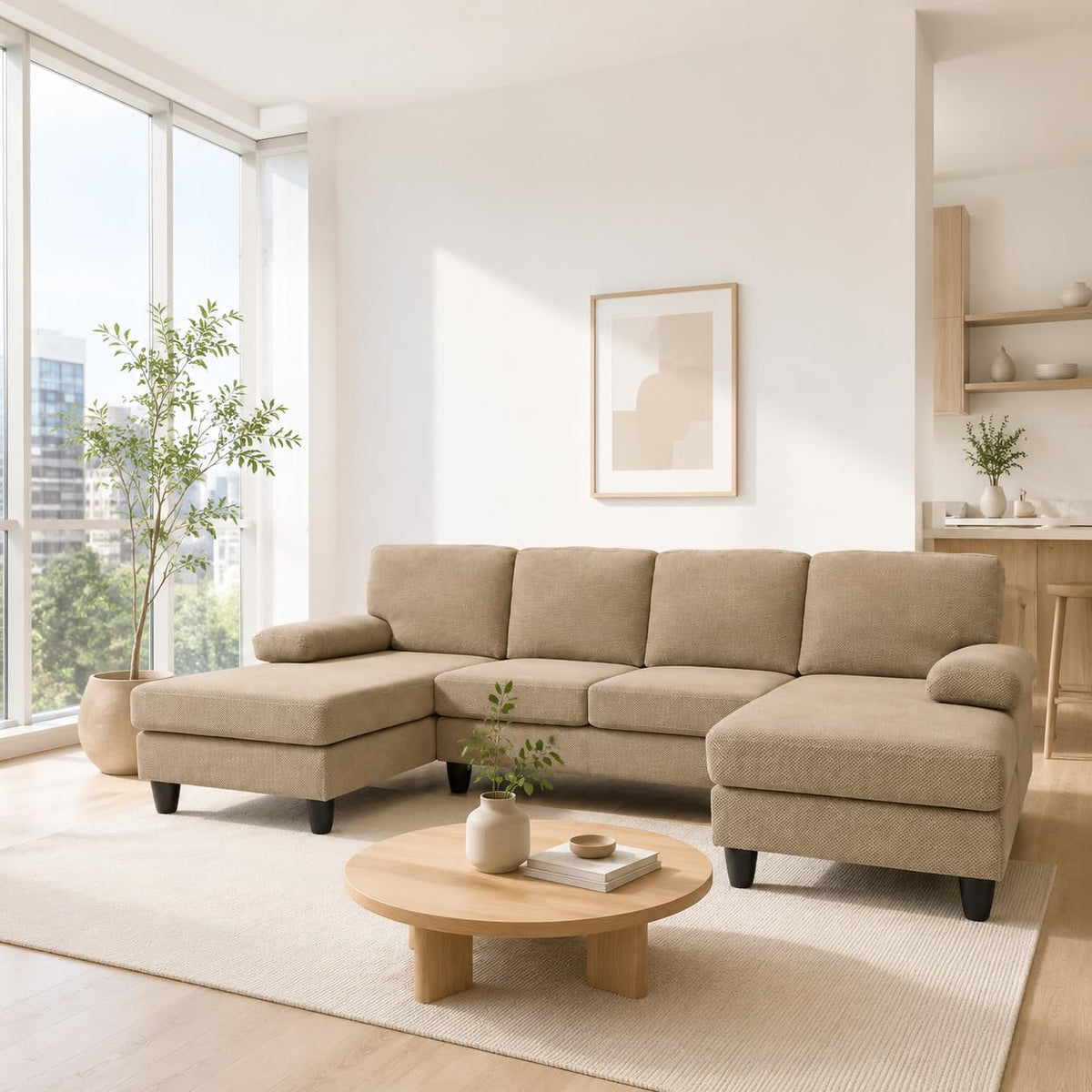 U-Shaped Sofa, Dual Chaise Sectional, 104 Inch, Camel