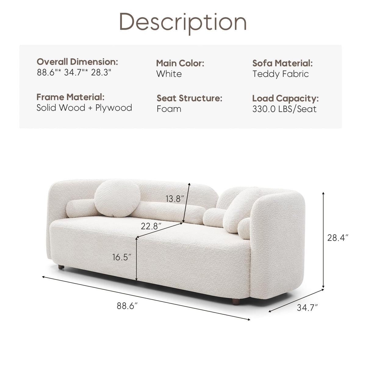 Yoglad 88.58‘’ 3-Seat Modern Curved Boucle Sofa, Cozy Thick Upholstered Teddy Loveseat, Half Moon Aesthetic Design Sherpa Couch for Small Living Room Bedroom Apartment (White)