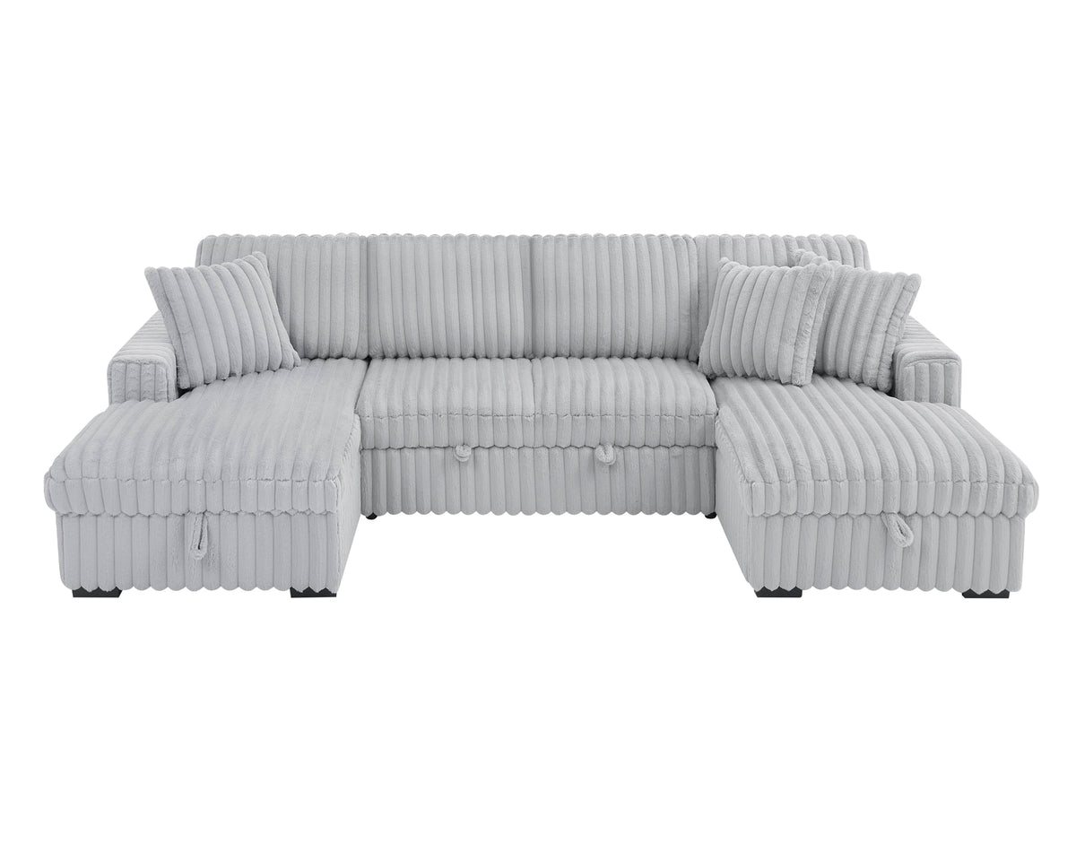 U Shaped Sectional Sleeper Sofa, 122 Inch Oversize with 2 in 1 Pull Out Bed and Double Storage Chaise, Rabbit Plush Corduroy Grey