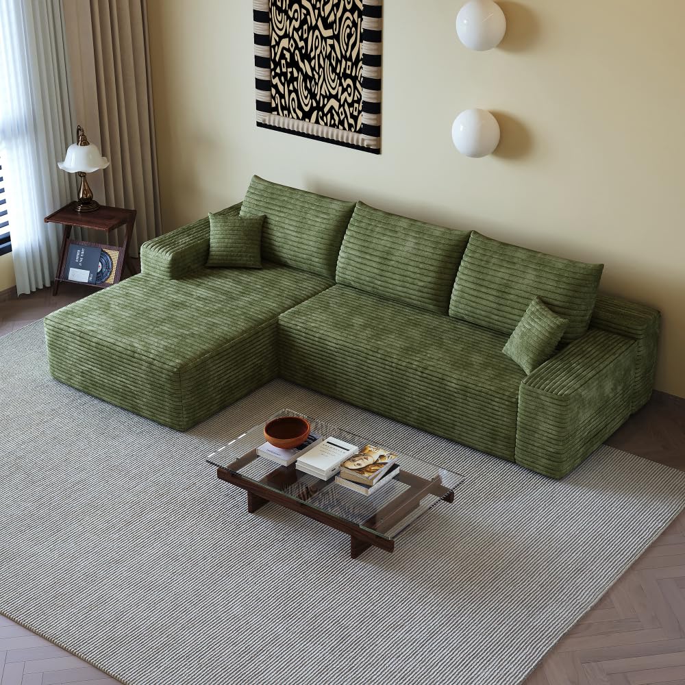 107" Cloud Sectional Sofa with 1 Ottoman,Modern Minimalist Upholstered Couches,Comfort U Shaped Sofa for Living Room,Deep Seat Corner Couch (Green)