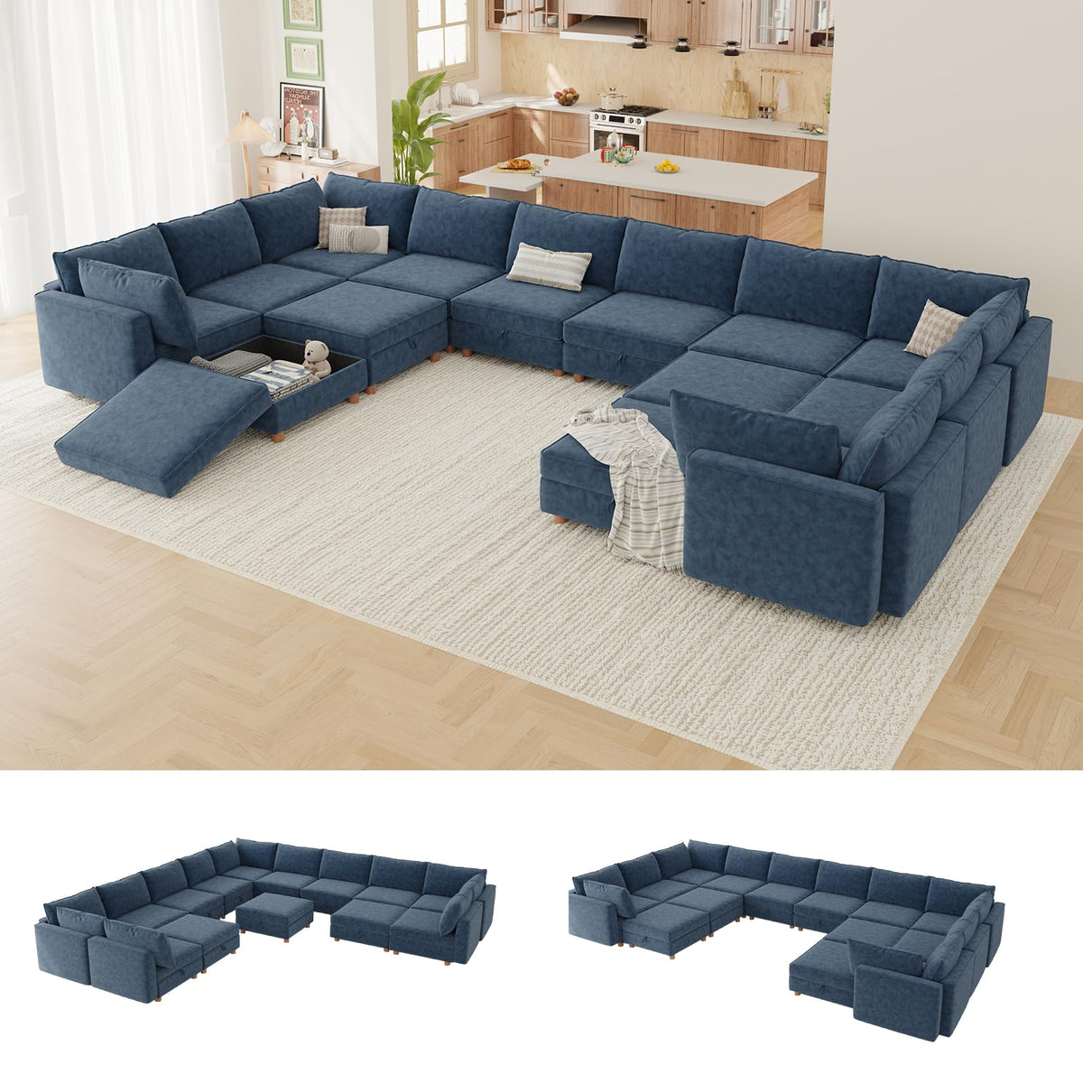 127'' Modular Sectional Sofa,FSC Certified 6 Seater Sectional Sofa,Chenille Couch with Removable Washable Covers,Modern Couch with Ottoman,U Shaped Couch with Storage,Beige Couches for Living Room