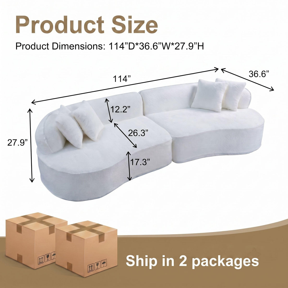 114" Curved Oversized Sectional Sofa,Modern Sherpa 4-Seater Extra Deep & Wide Seat Cloud Couch with 4 Throw Pillows,couches for Living Room&Apartment,No Assembly Required,White