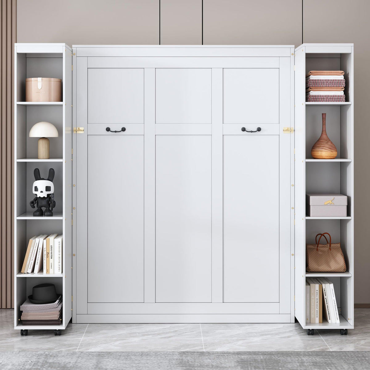 Wood Murphy Bed with Sofa, 4 Storage Shelves and USB Charging Station