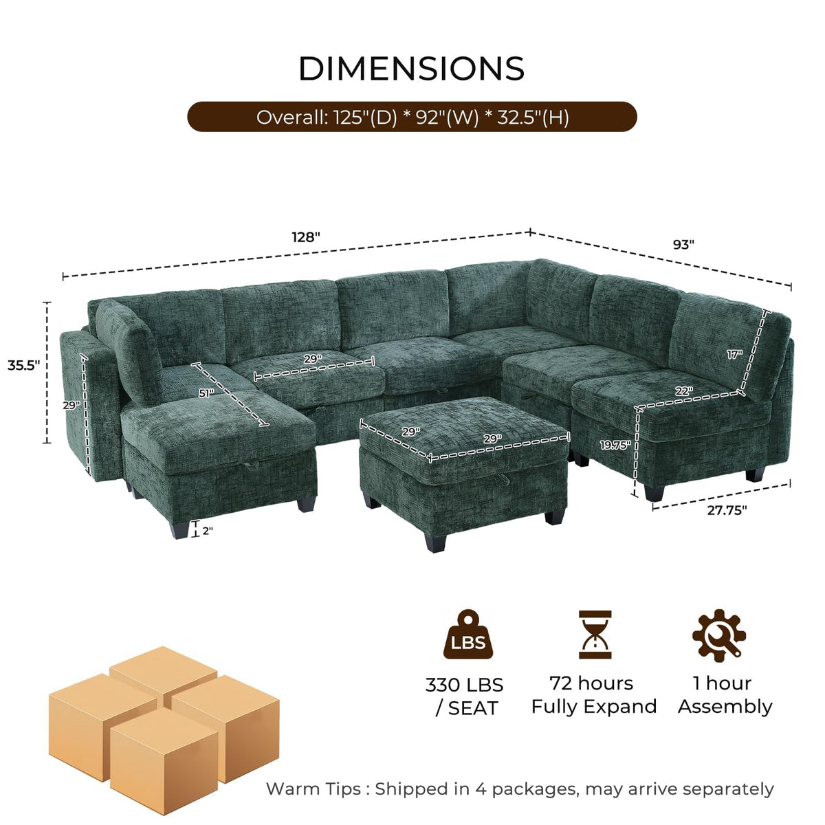 125" Modular Sectional Sofa with Storage, 8-Seat U-Shaped Couch, Green