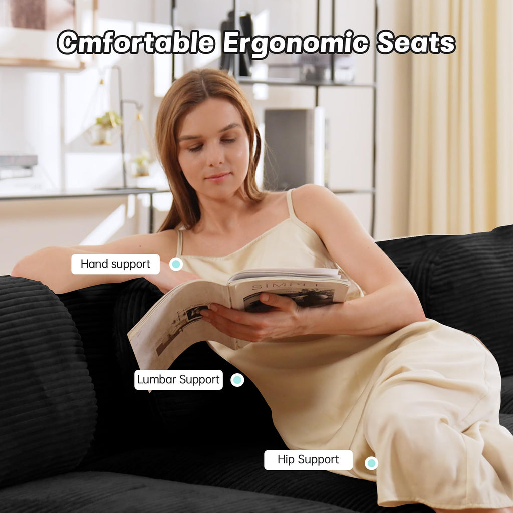 116" Corduroy Modern Minimalist Style Modular Sectional Couch, Convertible Modular Cloud Sleeper Sofa with Ergonomic Design, Modern Boneless Compressed Floor Sectional Sofa for Living Spaces, Black