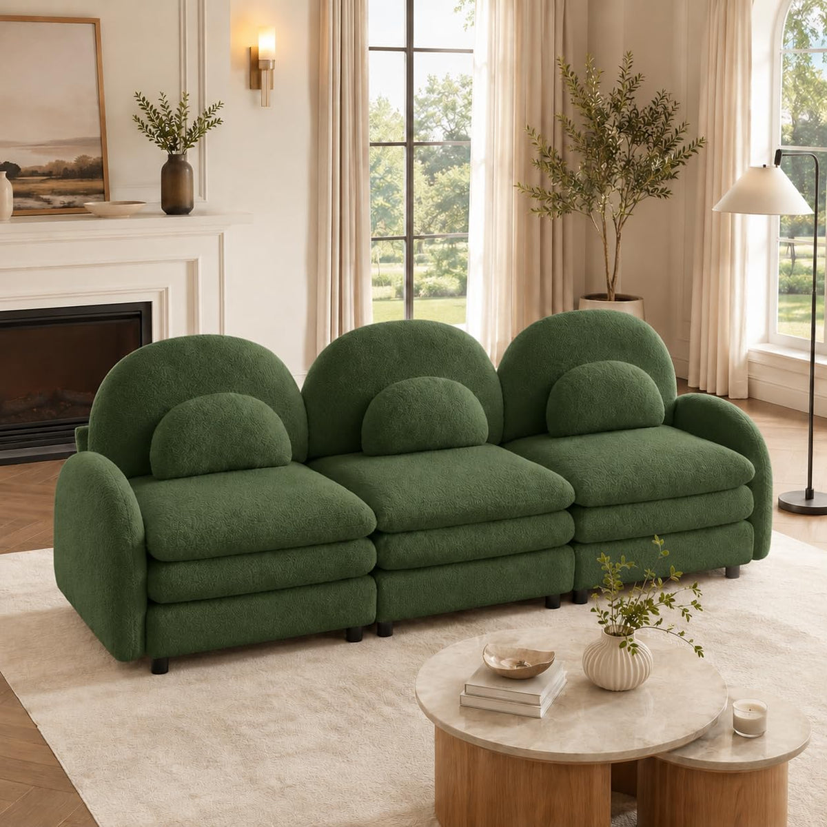 Teddy Fleece 3-Seat Modular Sofa with Curved Back and Double Cushions